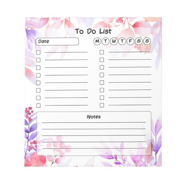 Cute Floral To Do List Notepad (Front)