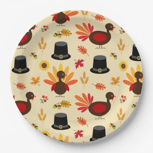 Cute Floral Turkey Happy Thanksgiving  Napkin Paper Plate (Front)