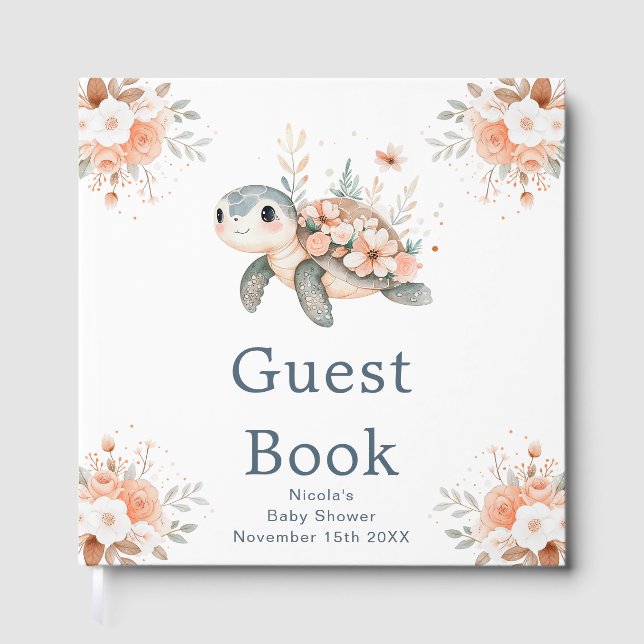 Cute Floral Turtle Baby Shower Guest Book (Front)