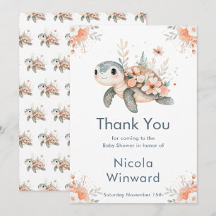 Cute Floral Turtle Baby Shower Thank You Card