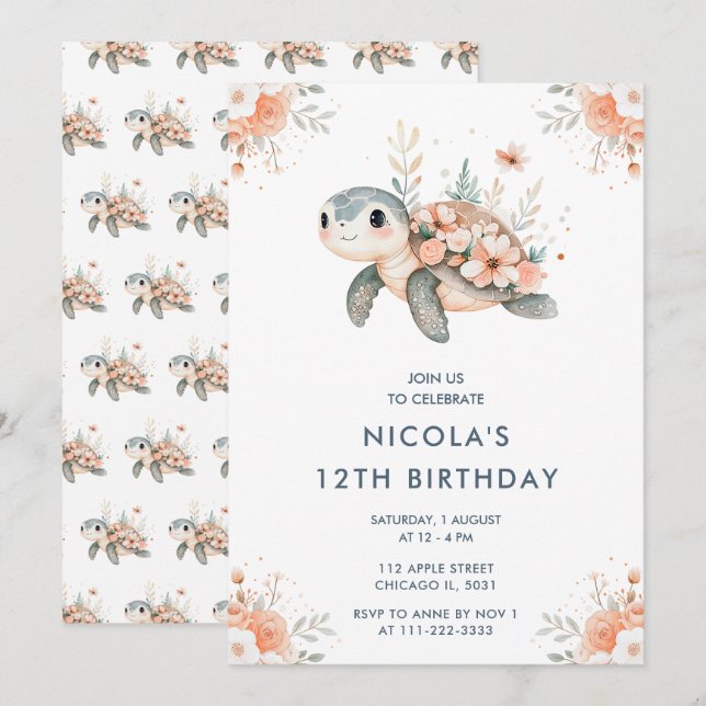 Cute Floral Turtle Birthday Party Invitation (Front/Back)
