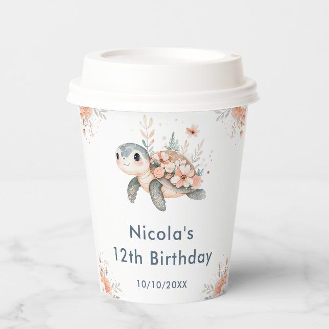 Cute Floral Turtle Birthday Party Paper Cups (Front)