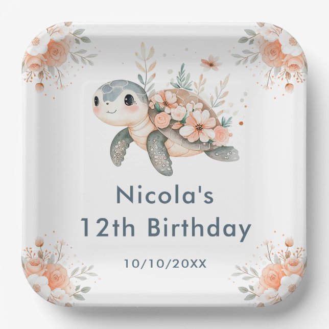 Cute Floral Turtle Birthday Party Paper Plate (Front)