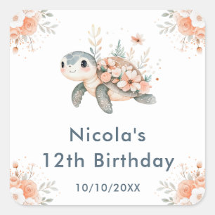Cute Floral Turtle Birthday Party Square Sticker