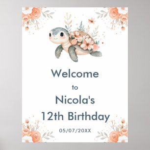 Cute Floral Turtle Birthday Party Welcome Poster