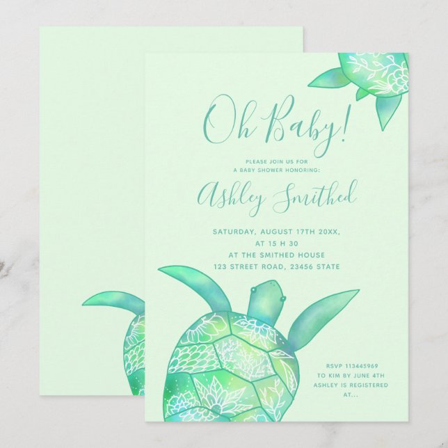 Cute floral turtle summer watercolor baby shower invitation (Front/Back)