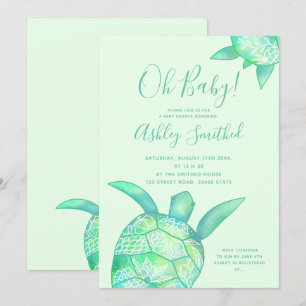 Cute floral turtle summer watercolor baby shower invitation