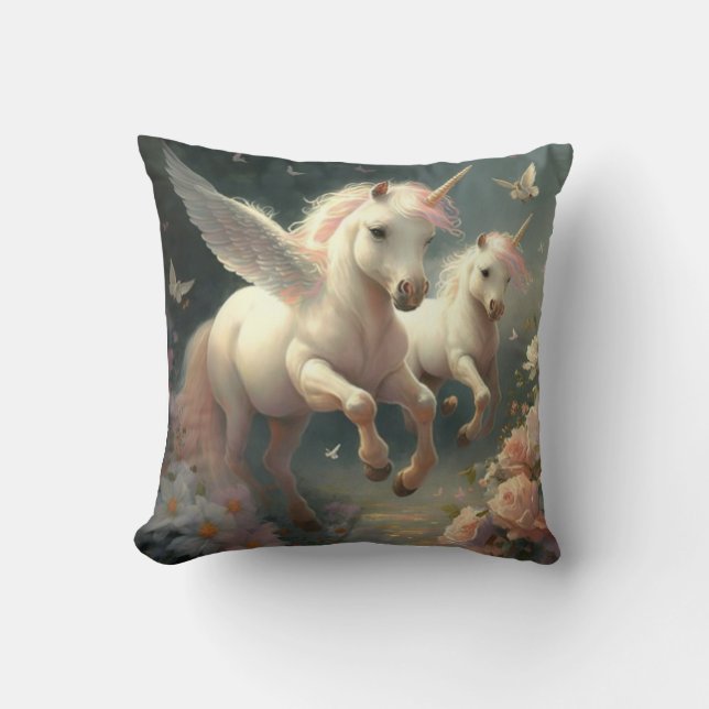 Cute floral Unicorns flying little pony    Cushion (Front)