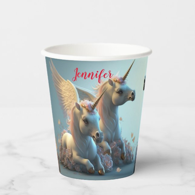 Cute floral Unicorns flying little pony    Paper Cups (Front)