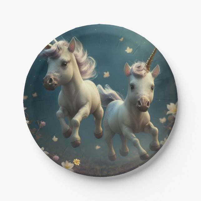 Cute floral Unicorns flying little pony  Paper Pla Paper Plate (Front)