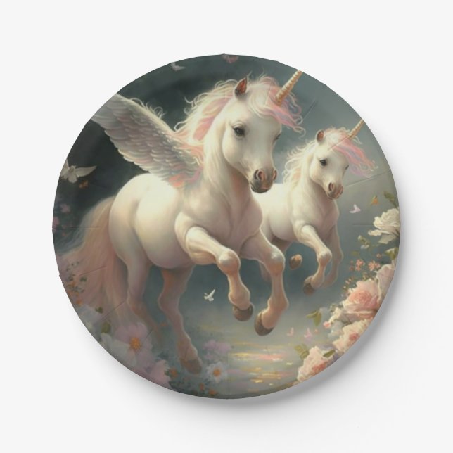 Cute floral Unicorns flying little pony  Paper Pla Paper Plate (Front)