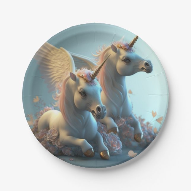 Cute floral Unicorns flying little pony  Paper Pla Plate (Front)