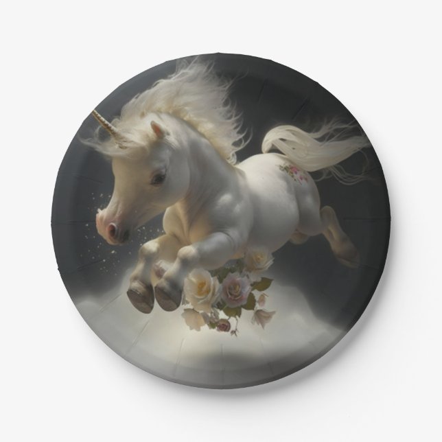 Cute floral Unicorns flying little pony   Paper Plate (Front)