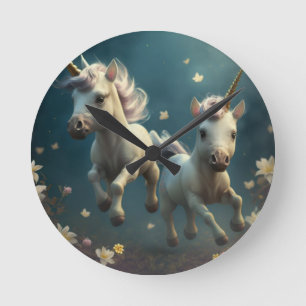Cute floral Unicorns flying little pony   Round Cl Clock