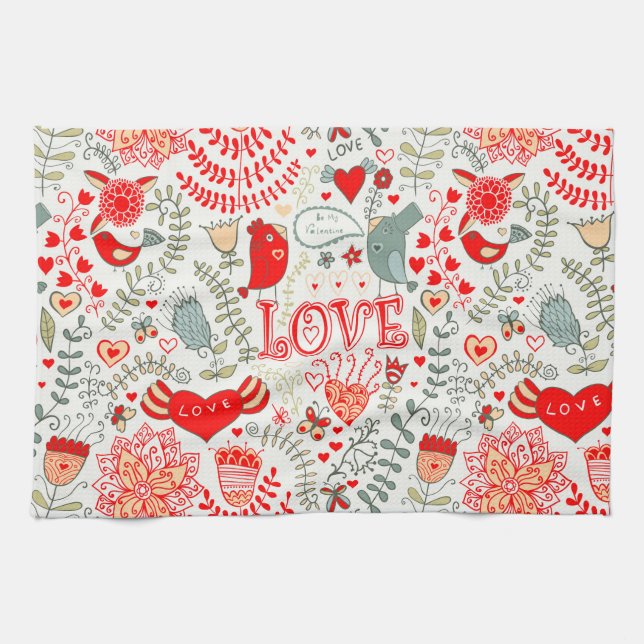 Cute Floral Valentines Design Tea Towel (Horizontal)