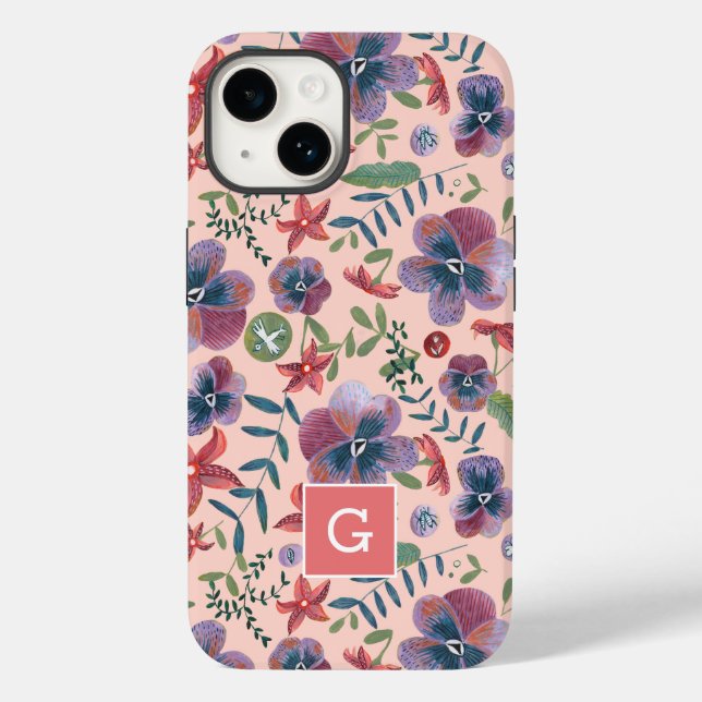 Cute floral Violets all-over print monogram Cas Case-Mate iPhone Case (Back)