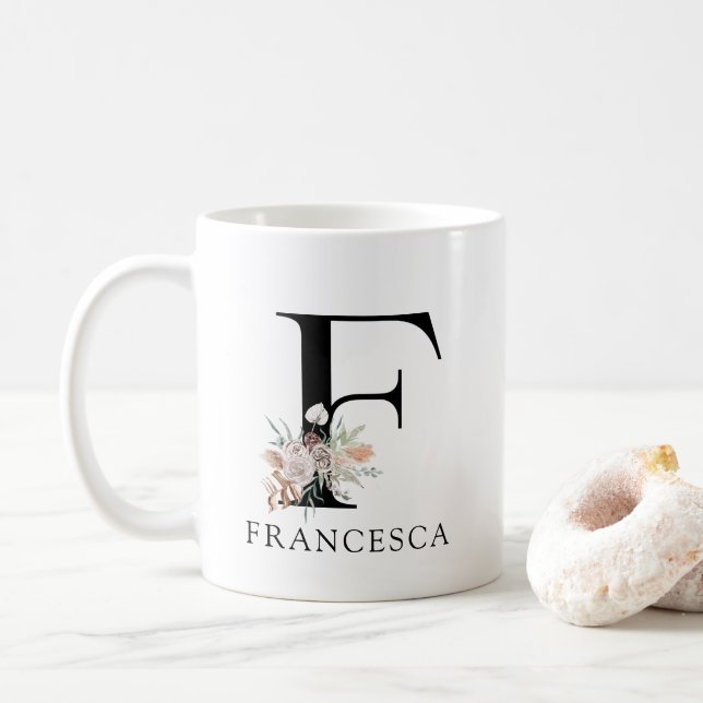 Cute Floral Watercolor Boho Monogram  Coffee Mug (With Donut)