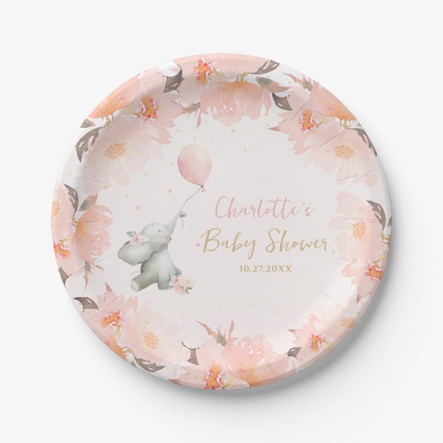 Cute Floral Watercolor Elephant with Balloon Paper Plate (Front)