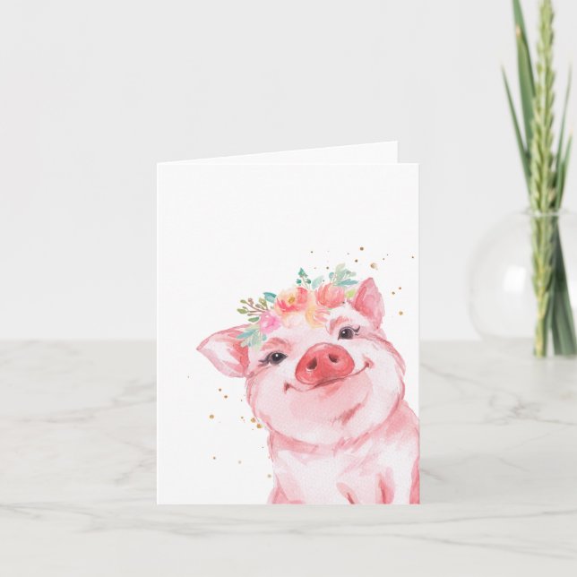 Cute Floral Watercolor Pig Card (Front)
