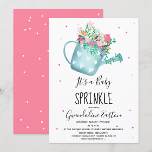 Cute floral watering can pink baby sprinkle shower invitation