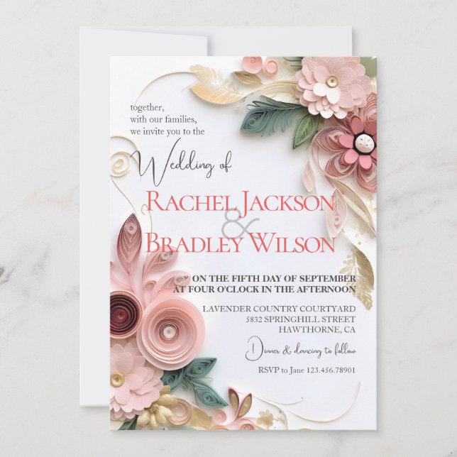 Cute Floral Wedding Frame Paper Quilling Invitation (Front)