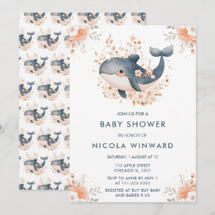 Cute Floral Whale Baby Shower Invitation