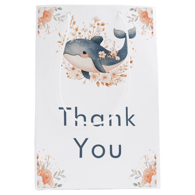 Cute Floral Whale Baby Shower  Medium Gift Bag (Front)