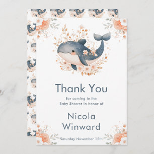 Cute Floral Whale Baby Shower  Thank You Card