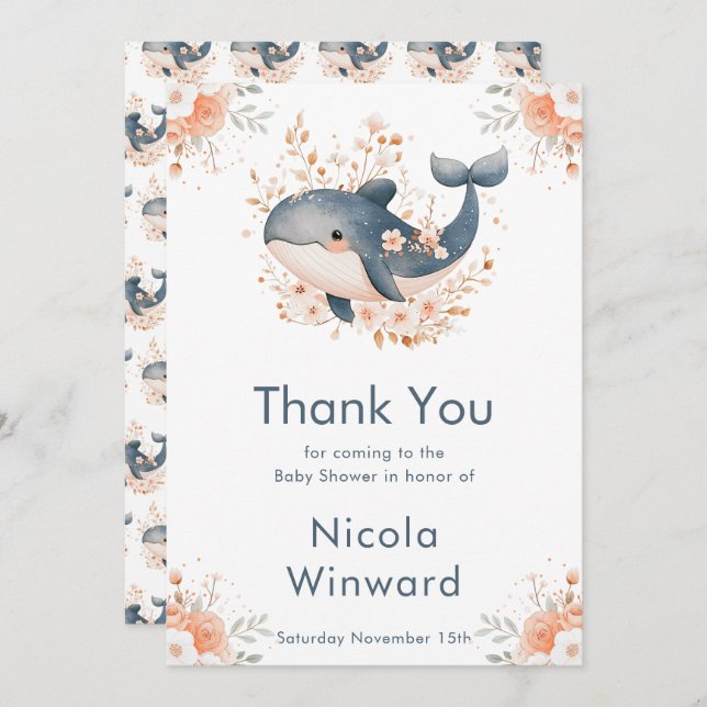 Cute Floral Whale Baby Shower  Thank You Card (Front/Back)