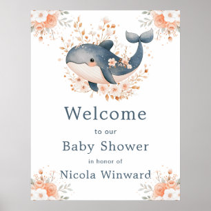 Cute Floral Whale Baby Shower  Welcome Poster