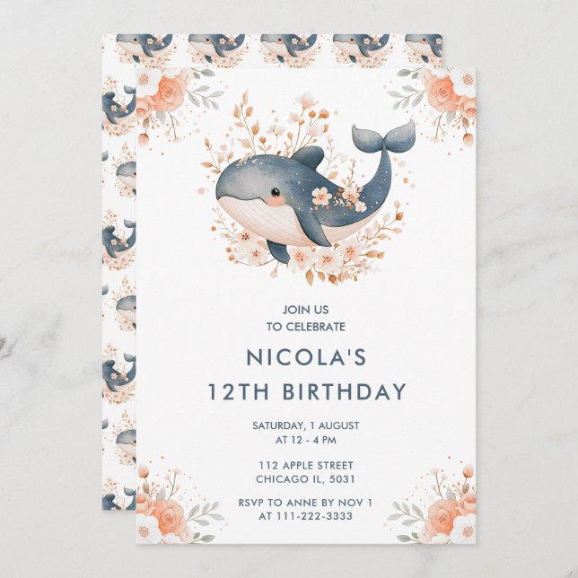 Cute Floral Whale Birthday Party Invitation (Front/Back)
