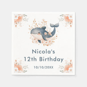 Cute Floral Whale Birthday Party Napkin