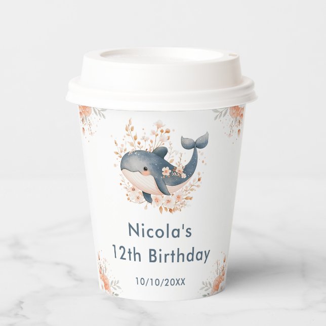 Cute Floral Whale Birthday Party Paper Cups (Front)