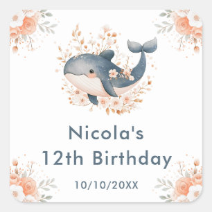 Cute Floral Whale Birthday Party Square Sticker