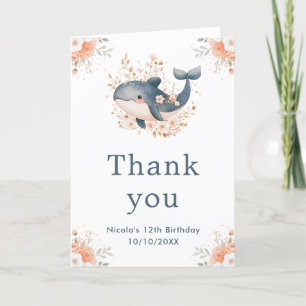Cute Floral Whale Birthday Party Thank You Card