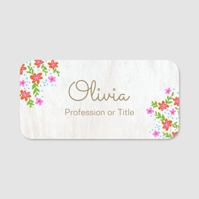 Cute Floral Wood Name Tag (Front)