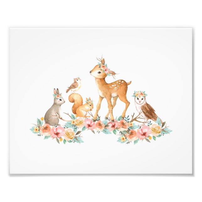 Cute Floral Woodland Animals Girl Nursery Decor Photo Print (Front)