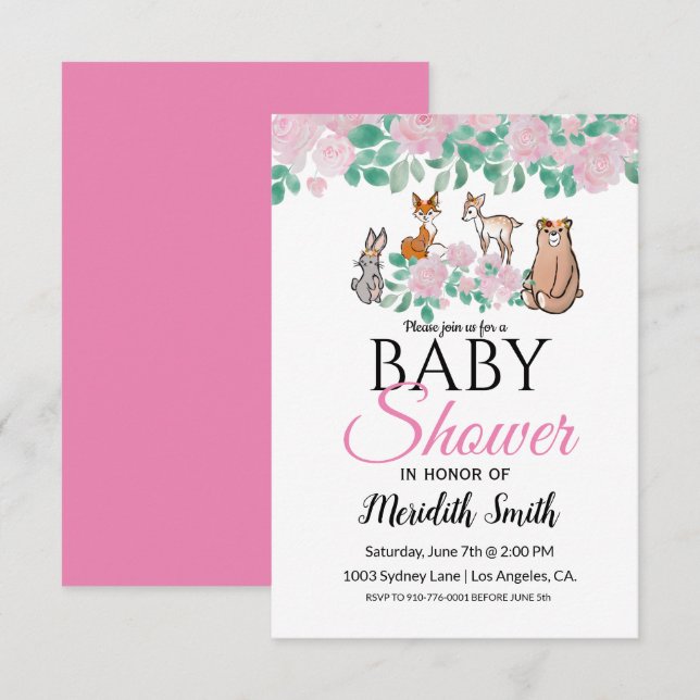 Cute Floral Woodland Baby Animals  | Baby Shower Invitation (Front/Back)