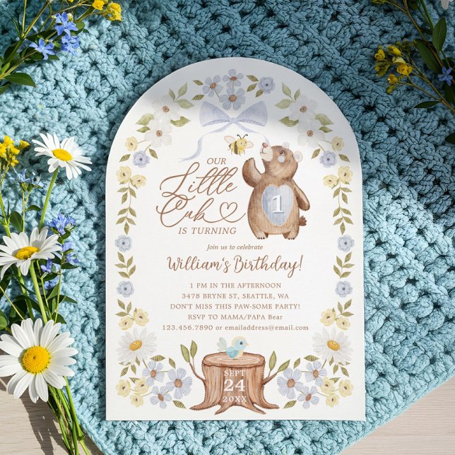 Cute Floral Woodland Bear Little Cub 1st Birthday Invitation (Cute Floral Woodland Bear Little Cub 1st Birthday Invitation)