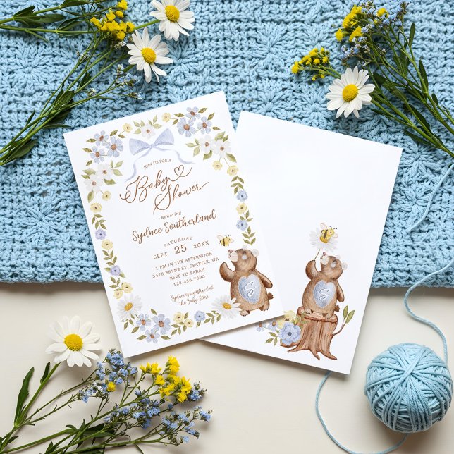 Cute Floral Woodland Knitted Bear Baby Boy Shower Invitation (Cute Floral Woodland Knitted Bear Baby Boy Shower Invitation)