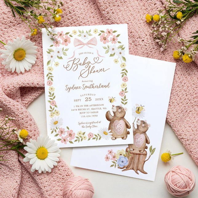 Cute Floral Woodland Knitted Bear Baby Girl Shower Invitation (Cute Floral Woodland Knitted Bear Baby Girl Shower Invitation)