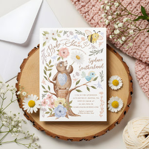 Cute Floral Woodland Knitted Bear Baby Shower Invitation