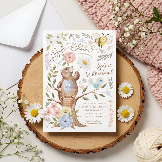 Cute Floral Woodland Knitted Bear Baby Shower Invitation (Cute Floral Woodland Knitted Bear Baby Shower Invitation)