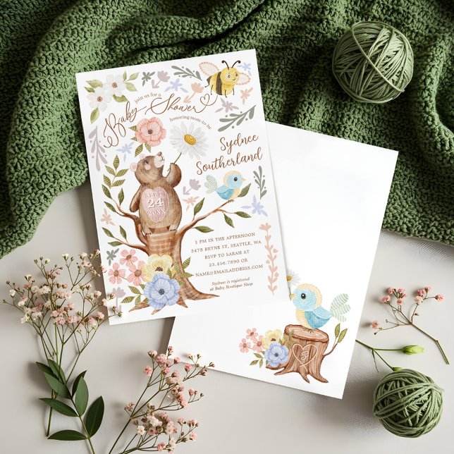 Cute Floral Woodland Knitted Bear Baby Shower Invitation (Cute Floral Woodland Knitted Bear Baby Shower Invitation)