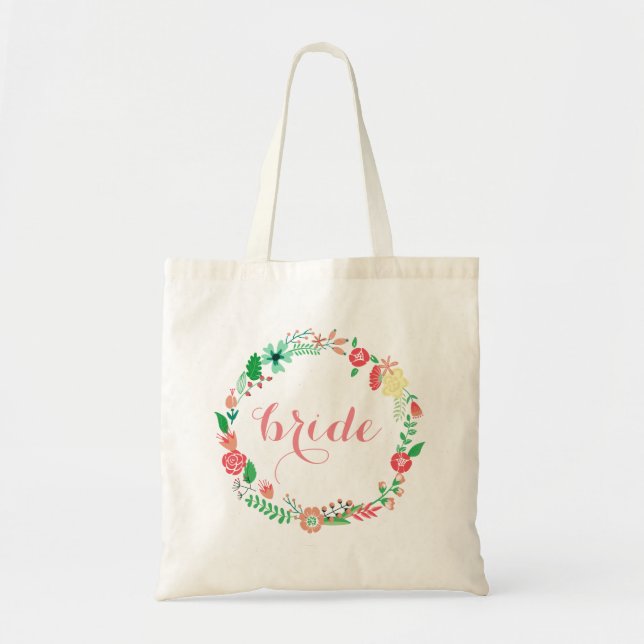 Cute Floral Wreath Bride Custom Text Tote Bag (Front)