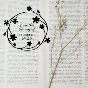 Cute Floral Wreath Casual Script Custom Name Book Rubber Stamp