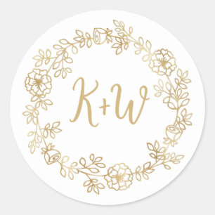 Cute Floral Wreath Wedding Initials Monogram Classic Round Sticker