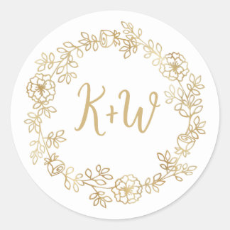 Cute Floral Wreath Wedding Initials Monogram Classic Round Sticker