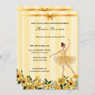 Cute Floral Yellow Ballerina Ribbon Baby Shower Invitation