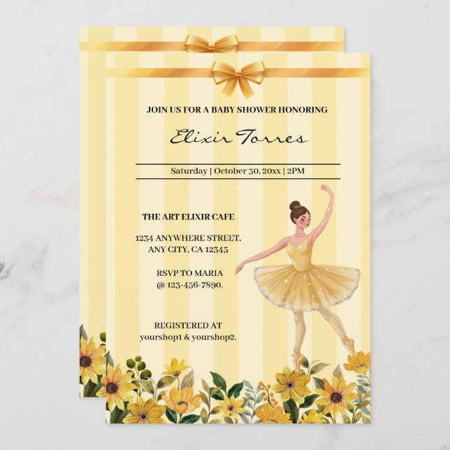 Cute Floral Yellow Ballerina Ribbon Baby Shower Invitation (Front/Back)